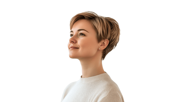 Smiling woman with short hair looking upwards png
