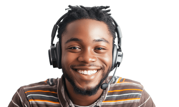 Young man with headset smiling during online communication session png
