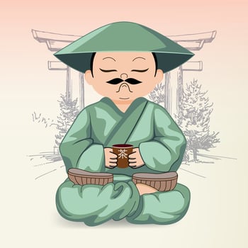 chinese man with cup of tea in national dress and hat vector