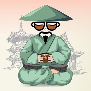 chinese man with cup of tea in national orange clothes and hat against temple background vector