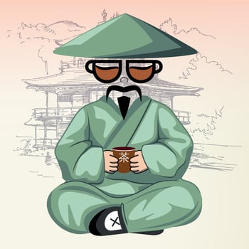 sitting chinese man with cup of tea in national orange clothes and hat against temple background vector
