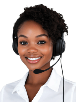 Customer service representative assisting clients with headset in bright setting png