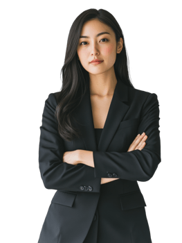 Professional young woman wearing black suit poses confidently with arms crossed png