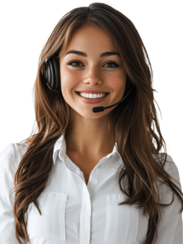 Smiling customer service representative engaged in support call at a modern office png