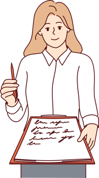 Woman recruiter offers to sign job offer, holding out clipboard and pen to screen. Female corporate manager demonstrates job offer or readiness to reach agreement with company partners. png