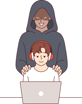 Cybercriminal stands behind little boy using laptop, for concept danger of pedophilia on internet. Cybercriminal creates risk for children visiting social networks and communicating on online forums png