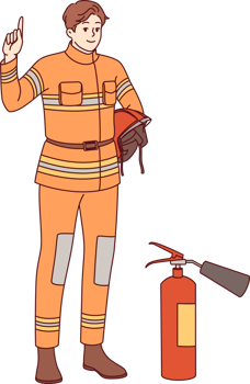 Man firefighter stands near fire extinguisher and copy of space for safety advice. Young guy firefighter from 911 service recommends being careful with electrical equipment and flammable materials png