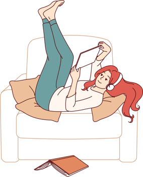 Lazy girl student listens to music lying in chair, distracted from reading textbook to prepare for exams. Lazy young woman enjoying using gadgets, doing idleness after hard day at work. png