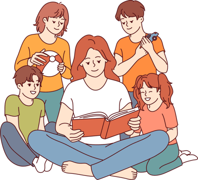 Woman kindergarten teacher reads book to children who are listening with interest to new fairy tale. Happy kindergarten students enjoying friendly atmosphere and opportunity to spend time together png