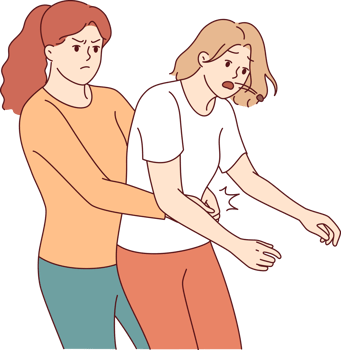 Heimlich technique is demonstrated by woman saving friend who was choking and pressing on stomach to restore breathing. Girl provides first aid and uses heimlich technique to avoid harm to health. png