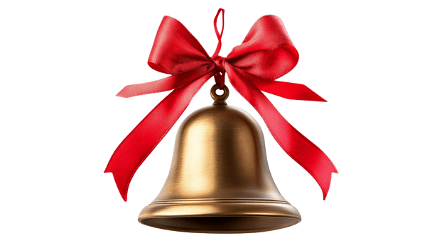 Beautiful brass bell with a red ribbon bow png