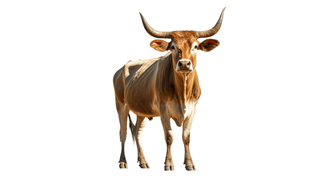Brown cow standing proudly in a sunny field png