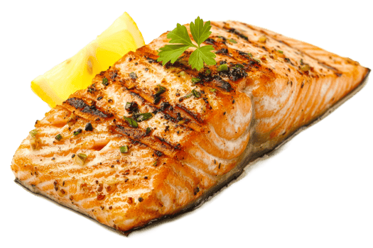 Grilled salmon fillet with lemon and herbs garnish png