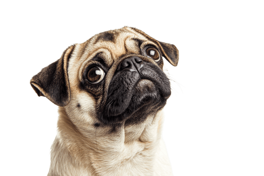 Pug with big eyes looking upwards in bright light png