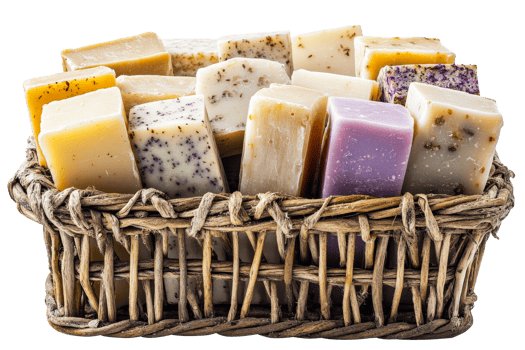 Colorful soaps in a woven basket png