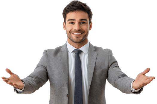 Smiling man in gray suit, open arms png