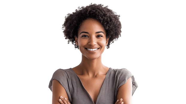 Smiling woman with curly hair in neutral attire png