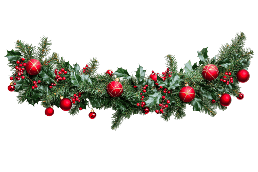 Festive decoration with red ornaments and greenery png