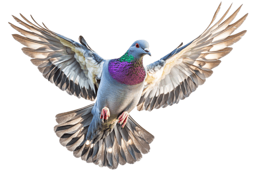 Vibrant pigeon soaring against a white backdrop png