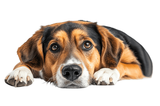 Playful beagle resting on a white surface png