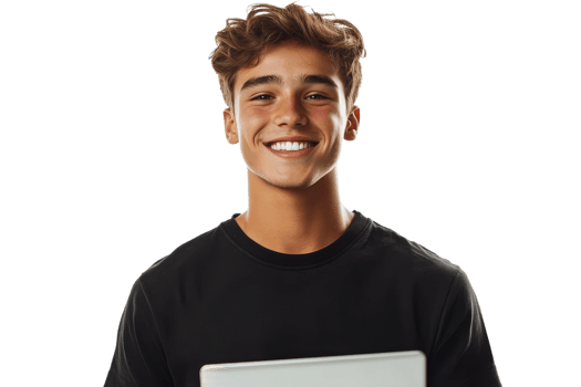 Smiling teenager holding a laptop, bright backdrop png