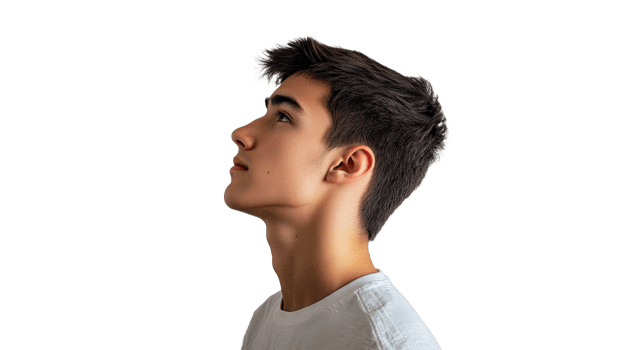 Young man gazes upward with thoughtful expression png
