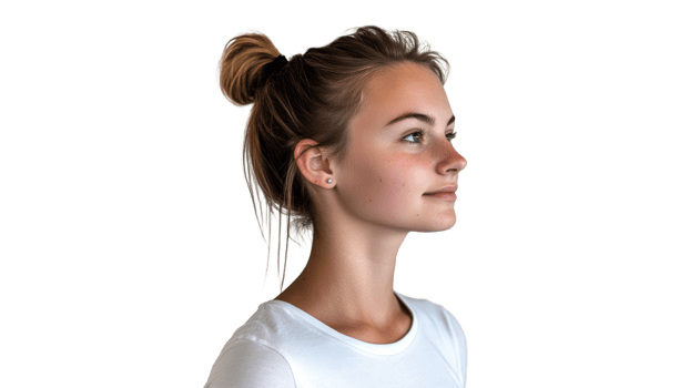 Woman with a bun poses on white backdrop png
