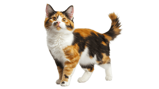 Colorful calico cat stands on a white background png