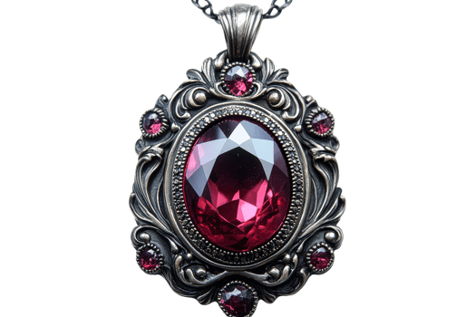 Silver necklace with large red gem png