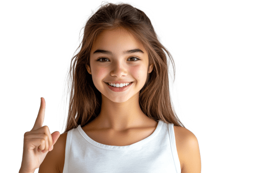 Cheerful girl with long hair smiling and gesturing png