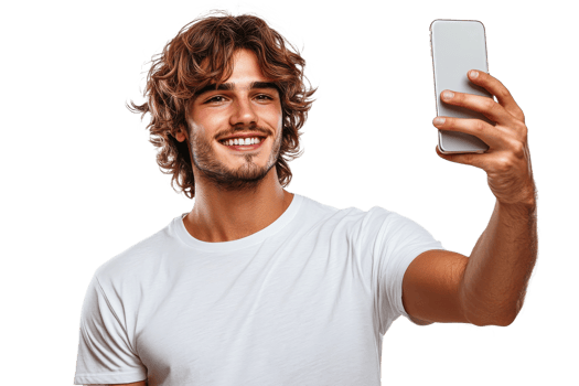 Young man taking a selfie with a smartphone png