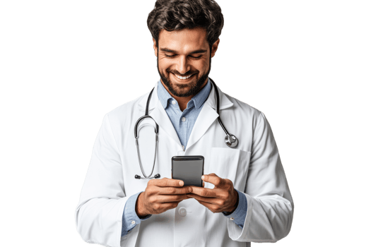 Medical professional using smartphone with a smile png