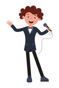 Young performer excited to sing with microphone on stage vector