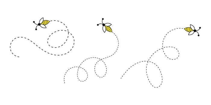 Cute Bees Following Dotted Paths on a White Background. Flying Bees Path. vector