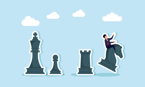 A businessman rides a knight chess piece to move forward, while a king, soldier, and rook stand nearby, illustration of strategy in business execution vector