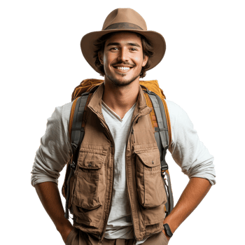 Smiling adventurer in a khaki vest with a backpack, isolated on transparent background png