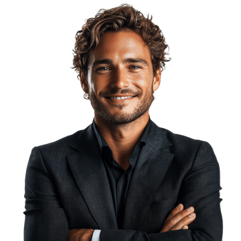Confident man in a black suit with a casual open collar, isolated on transparent background png