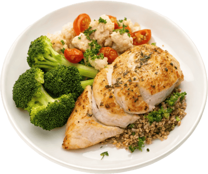 Healthy Low Fat Chicken Meal with Broccoli and Rice on a Plate png
