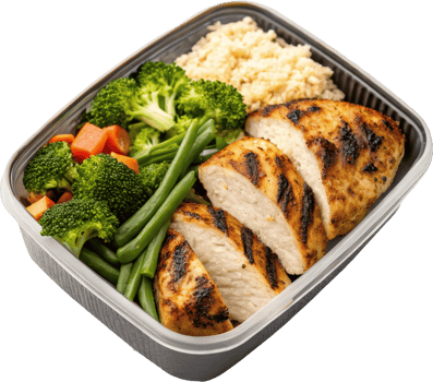 Healthy Grilled Chicken Meal Prep with Broccoli and Rice in Takeout Container png