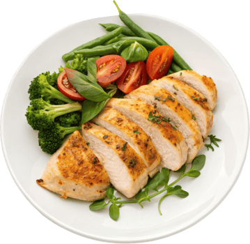 Grilled Chicken Breast Meal with Fresh Vegetables on Plate png