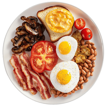 Traditional English breakfast with eggs bacon tomatoes beans and toast png