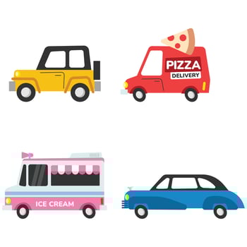 Colorful vehicles including jeep, van, ice cream truck, and car. Perfect for transportation, food delivery, and city scenes concepts. vector