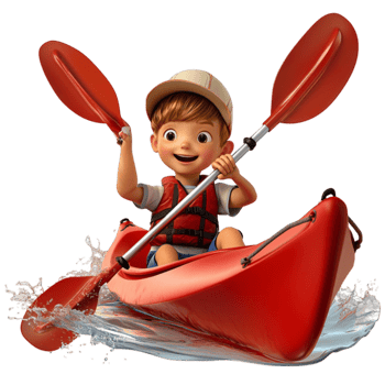 Happy child paddling in a red kayak with excitement and energy png
