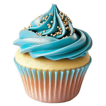vanilla cupcake with blue frosting and golden sprinkles on top png