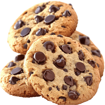 Crunchy chocolate chip cookies stacked together with gooey melted chocolate pieces png