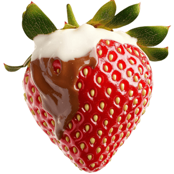 ripe strawberry covered in melted chocolate with a green leafy top png