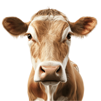 Gentle brown and white cow with large expressive eyes and perked up ears png