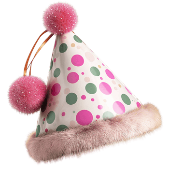 Colorful polkadotted party hat with fluffy pink pompoms and fur trim png
