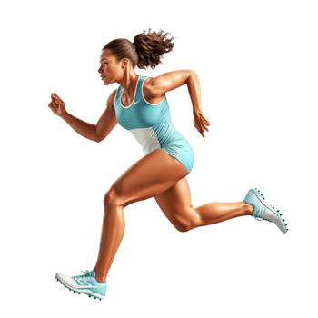 Athletic woman in a light blue outfit running with determination and energy png