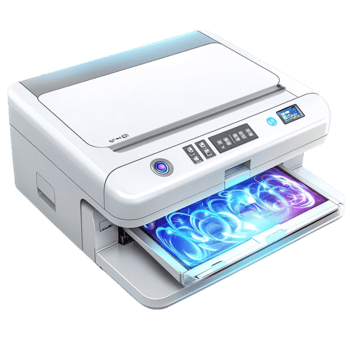 white printer with a glowing blue display and an open paper tray png
